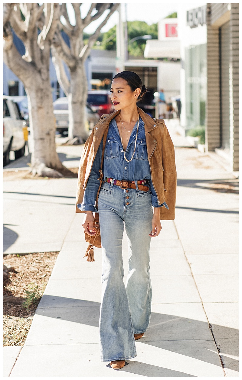 jamie Chung wearing Madwell bell bottom denim and suede jacket 70 look