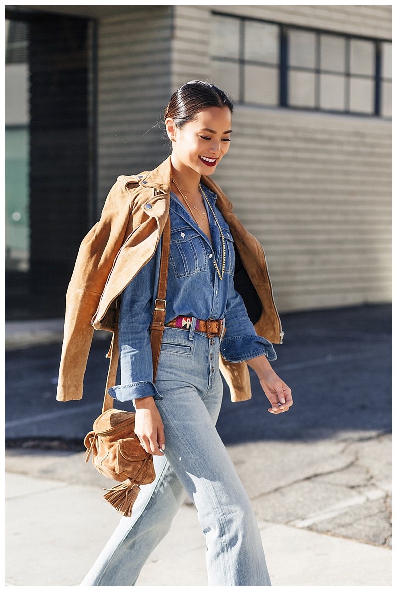 jamie Chung wearing Madwell bell bottom denim and suede jacket 70 look