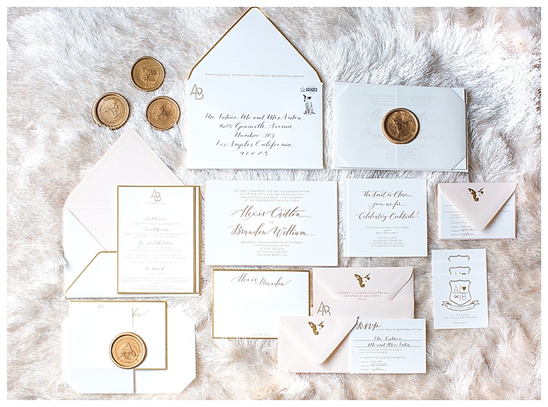 pelican hill wedding, blush white gold wedding, fall wedding orange county, stationary, details, letters, gold