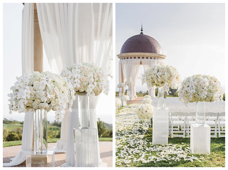 pelican hill wedding, blush white gold wedding, fall wedding, florals, orchids, white, ceremony, petals, orange county